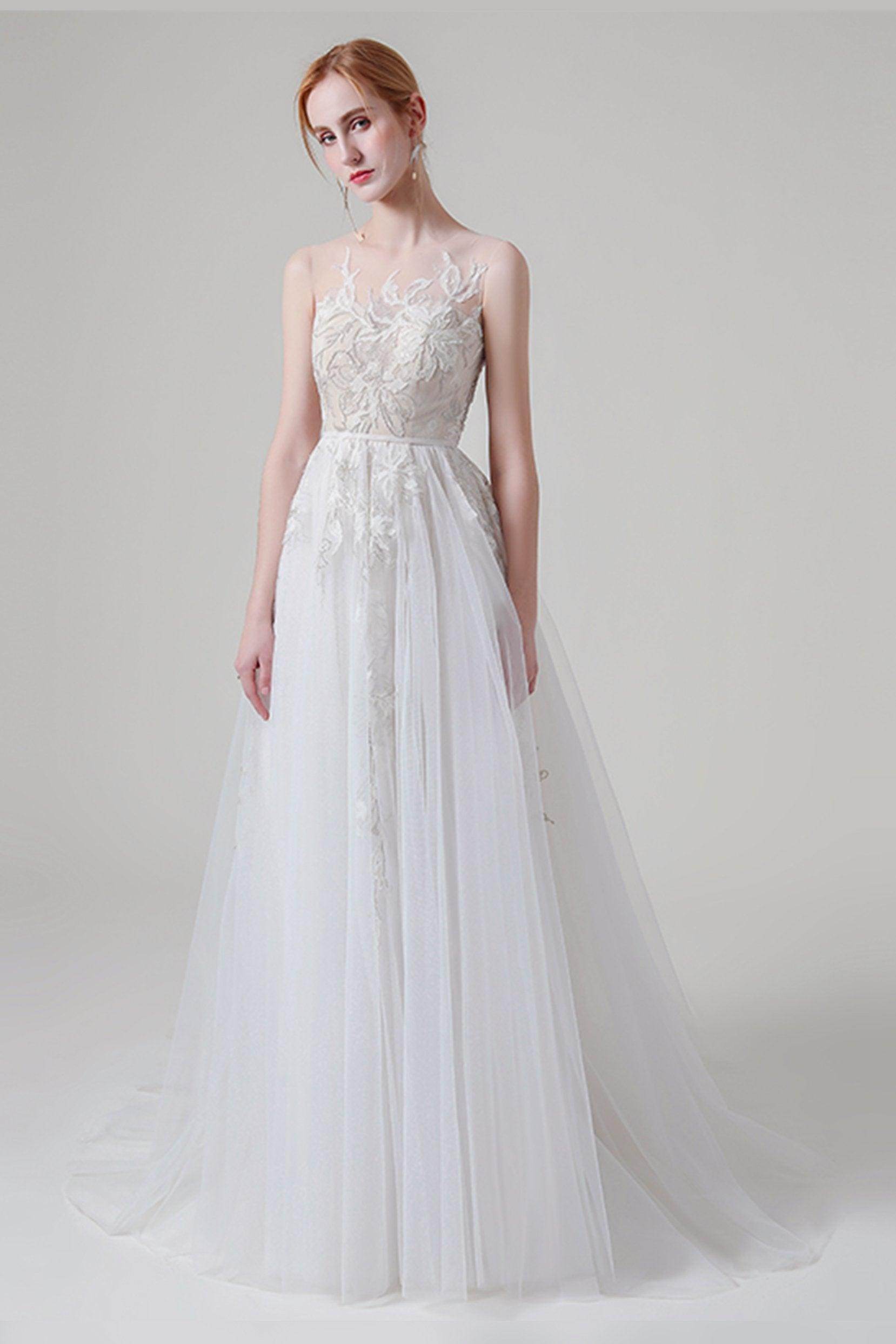 A-Line Sweep-Brush Train Lace Tulle Wedding Dress CW2704 - COCOMELODY